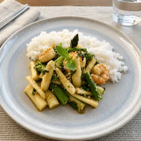 SPARGEL-WOK MIT GARNELEN UND BASMATIREIS