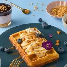 WAFFLE WITH TOFFEE CREAM AND SALTED CARAMEL FUDGE