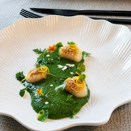 COQUILLES SAINT-JACQUES ET LEUR ESPUMA D'ÉPINARDS AU PARMESAN